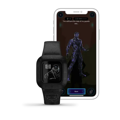 Garmin vívofit jr. 3 Black Panther band – angled product shot of Marvel-themed kids tracker
