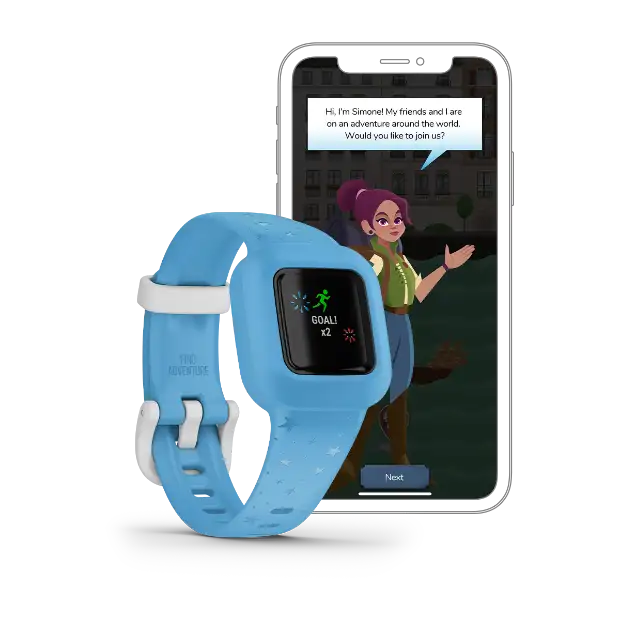 vívofit jr. 3 kids fitness tracker – Blue Stars design, front display view