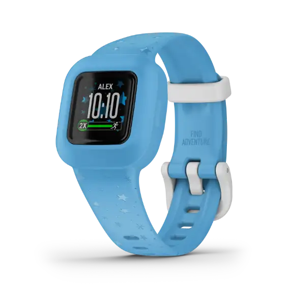 Garmin vívofit jr. 3 Blue Stars band – angled view of screen and star pattern