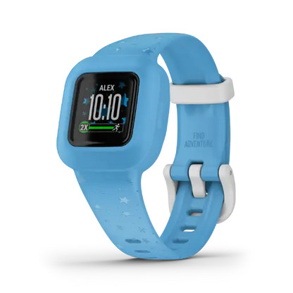 Garmin vívofit jr. 3 Blue Stars band – angled view of screen and star pattern