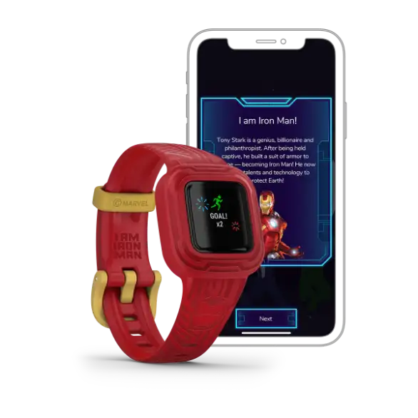 vívofit jr. 3 Iron Man – front display and button detail close-up