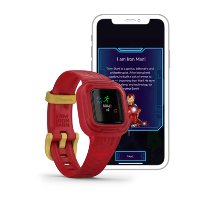 vívofit jr. 3 Iron Man – front display and button detail close-up