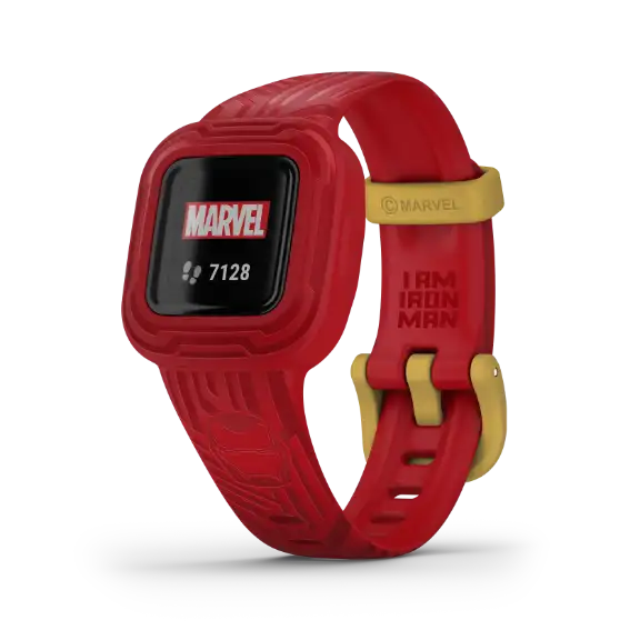 Garmin vívofit jr. 3 Iron Man Special Edition – side profile of red‑gold band