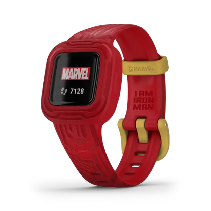 Garmin vívofit jr. 3 Iron Man Special Edition – side profile of red‑gold band