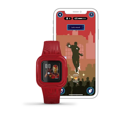 Iron Man vívofit jr. 3 – flat lay showing full strap graphic
