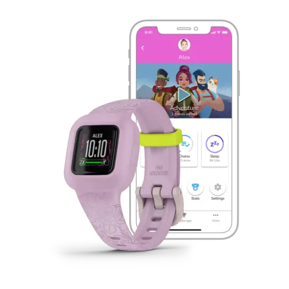 vívofit jr. 3 kids tracker – Lilac Floral pattern, angled strap and screen