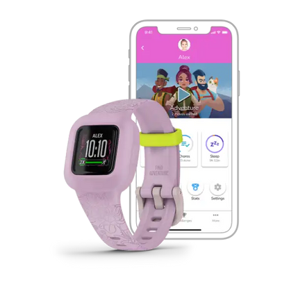 vívofit jr. 3 kids tracker – Lilac Floral pattern, angled strap and screen