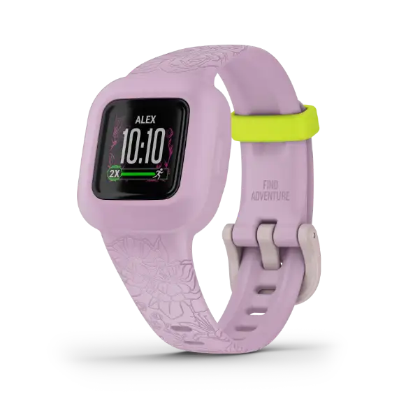 Garmin vívofit jr. 3 Lilac Floral – straight-on view of watch face and band