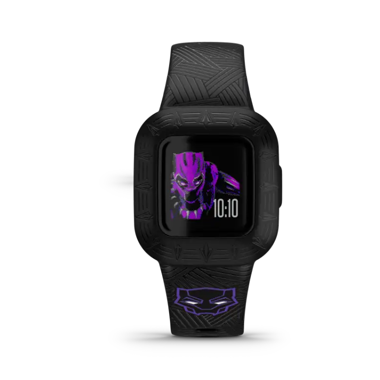 Garmin vívofit jr. 3 Marvel Black Panther – hero front angle of watch face