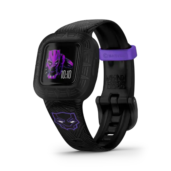 vívofit jr. 3 Black Panther Special Edition – angled view of Marvel-themed band