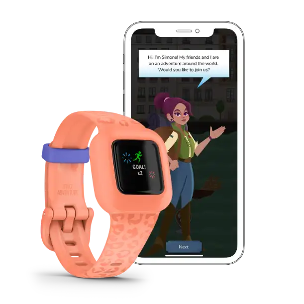 Garmin vívofit jr. 3 Peach Leopard pattern – angled view of watch and strap