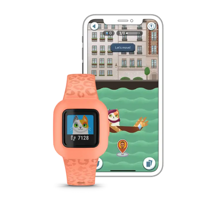 Garmin vívofit jr. 3 kids fitness tracker – Peach Leopard band, front display view