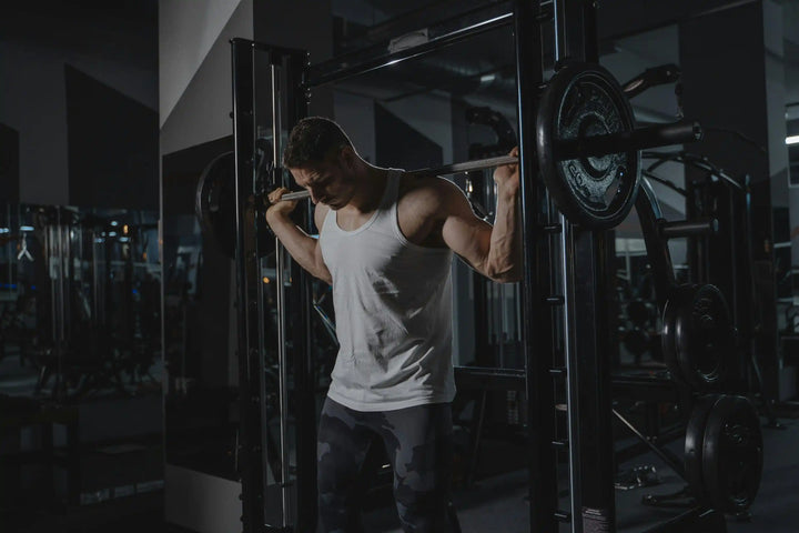 Man exercising on a smith machine with weight plates in a dark gym setting
