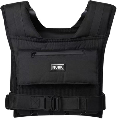 Men's black weighted vest with front pocket and adjustable waist belt.